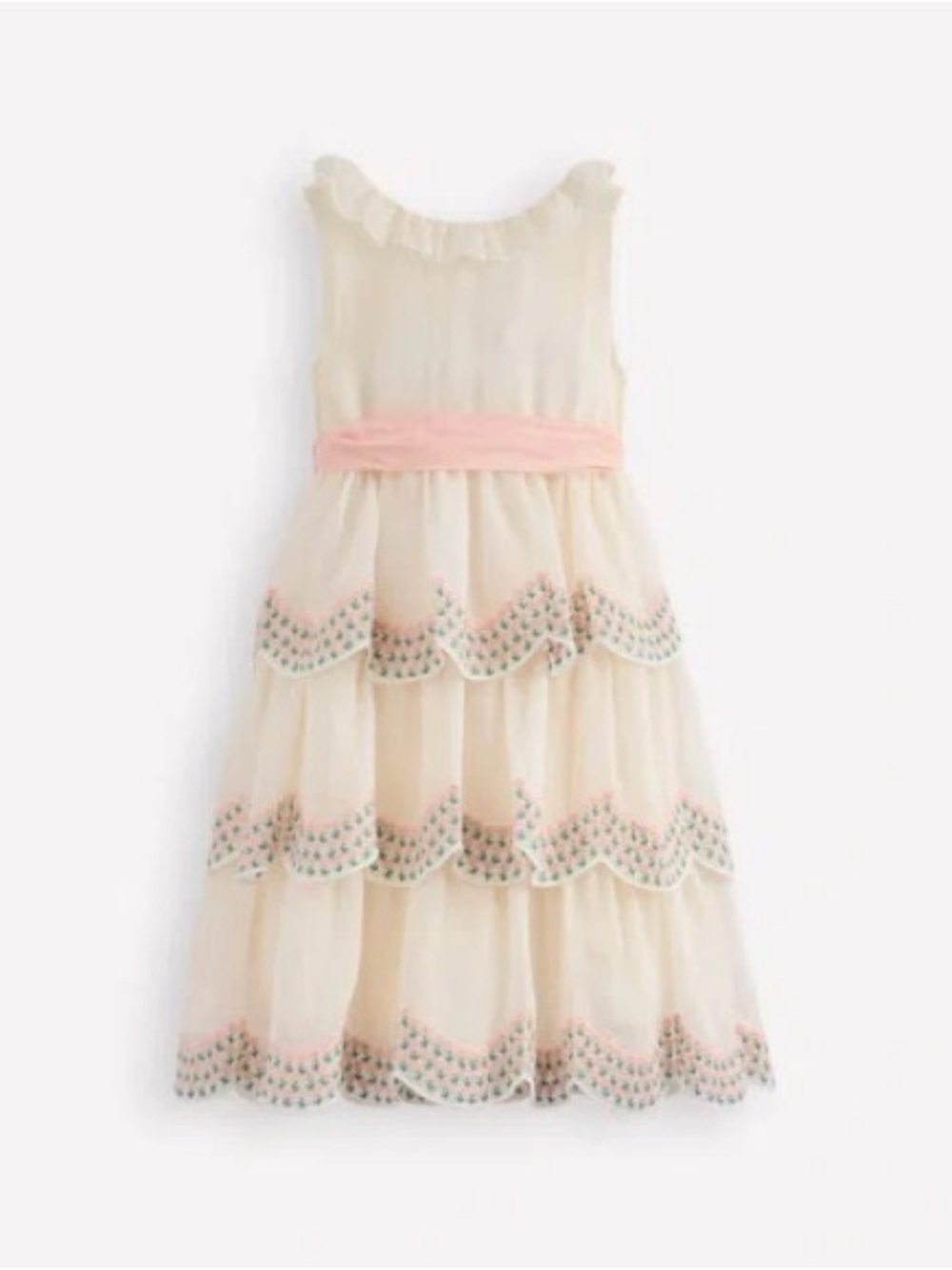 Mini Boden Cream Tiered Ruffle Dress with Pink Sash